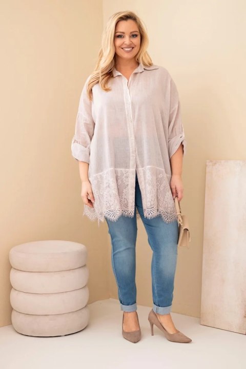 Koszula damska Plus Size bawełniana przecierana z koronkowym wykończeniem ciemno beżowa