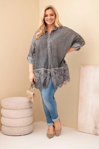 Koszula damska Plus Size bawełniana przecierana z koronkowym wykończeniem grafitowa