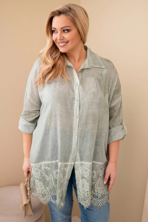 Koszula damska Plus Size bawełniana przecierana z koronkowym wykończeniem khaki