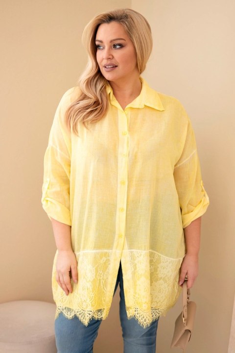 Koszula damska Plus Size bawełniana przecierana z koronkowym wykończeniem żółta