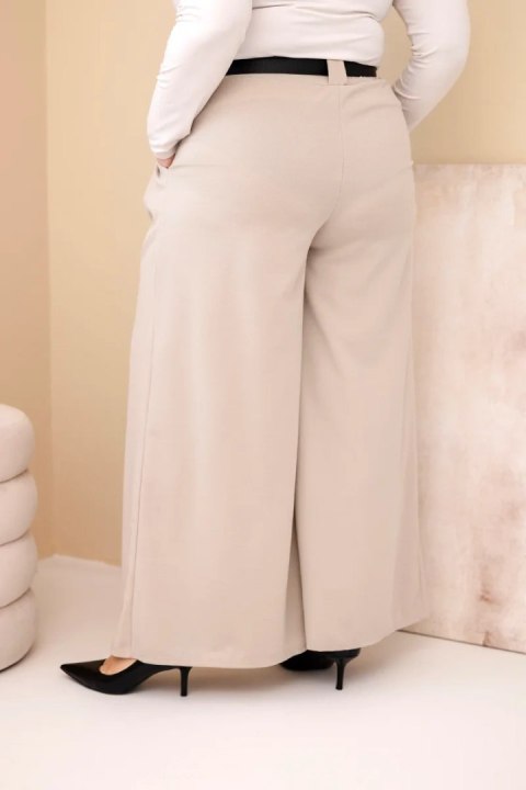 Spodnie damskie Plus Size wiskozowe z szeroką nogawką i paskiem beżowe