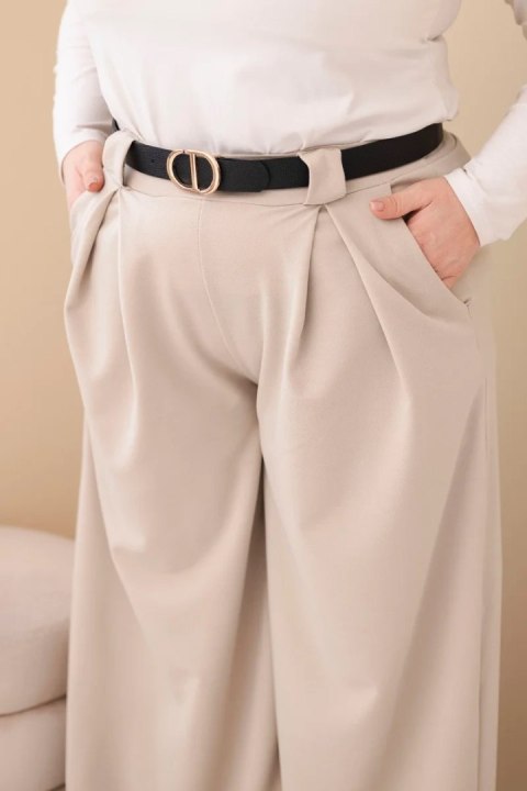 Spodnie damskie Plus Size wiskozowe z szeroką nogawką i paskiem beżowe