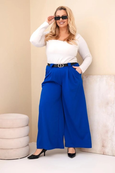 Spodnie damskie Plus Size wiskozowe z szeroką nogawką i paskiem chabrowe