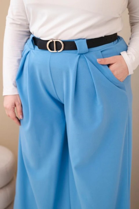 Spodnie damskie Plus Size wiskozowe z szeroką nogawką i paskiem niebieskie