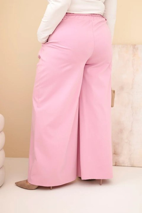 Spodnie damskie Plus Size z szeroką nogawką i ozdobnym kwiatem w talii ciemno różowe