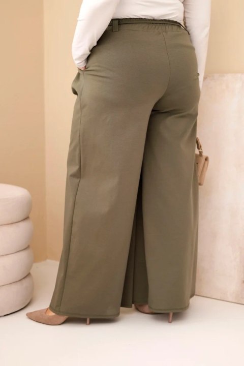 Spodnie damskie Plus Size z szeroką nogawką i ozdobnym kwiatem w talii khaki