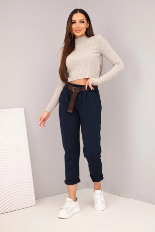 Spodnie damskie bawełniane z paskiem i podwijaną nogawką granatowe