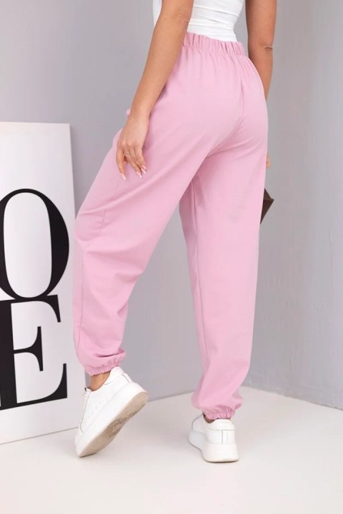 Spodnie damskie bawełniane z wysokim stanem i ozdobnym guzikiem ciemno różowe