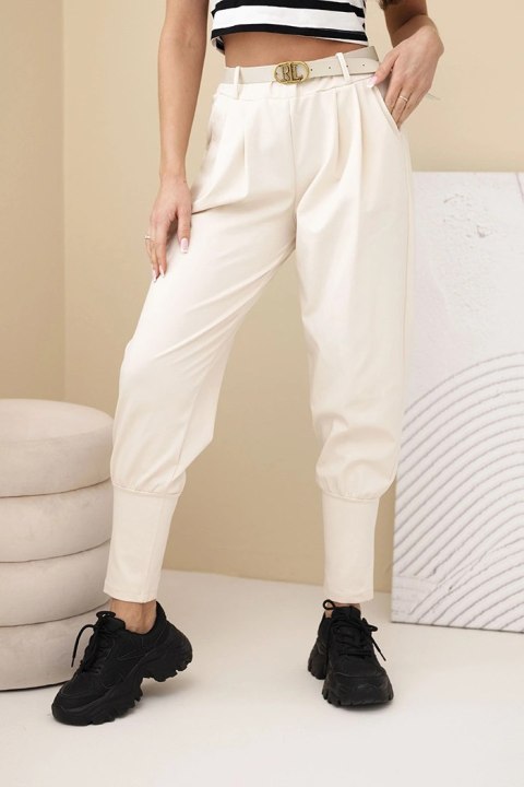 Spodnie damskie bawełniane z wysokim stanem i paskiem beżowa