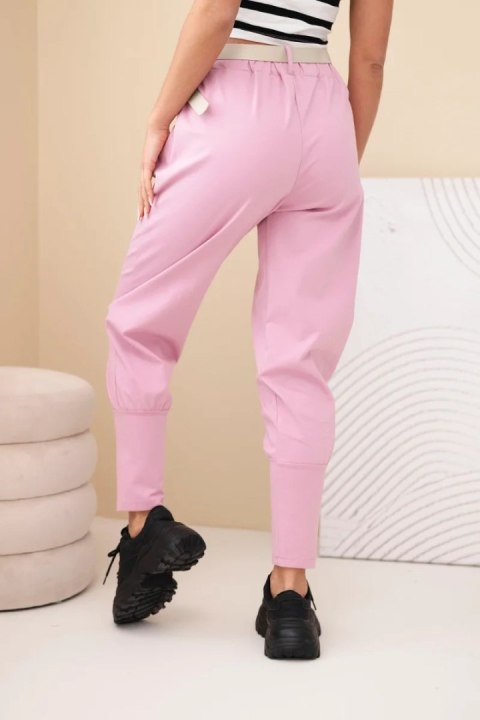 Spodnie damskie bawełniane z wysokim stanem i paskiem ciemno różowe