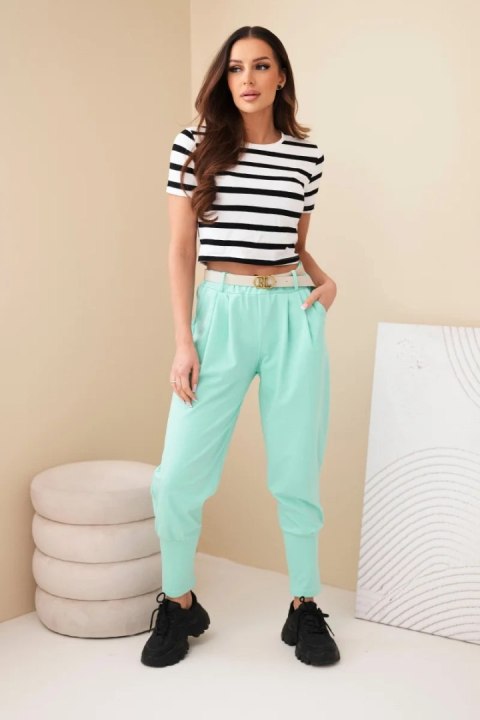 Spodnie damskie bawełniane z wysokim stanem i paskiem miętowe