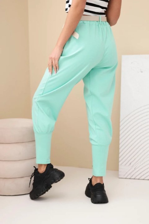 Spodnie damskie bawełniane z wysokim stanem i paskiem miętowe