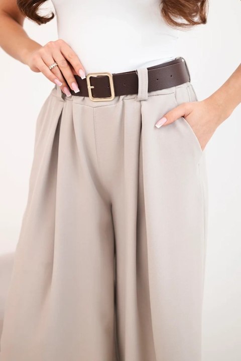 Spodnie damskie z szeroką nogawką i paskiem ciemno beżowe