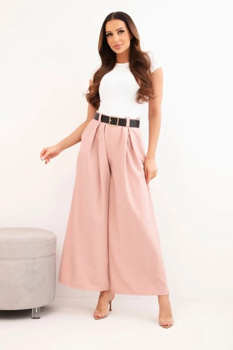 Spodnie damskie z szeroką nogawką i paskiem ciemny pudrowy róż