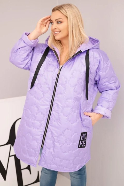 Kurtka damska Plus Size pikowana z kapturem i napisem HOPE jasno fioletowa