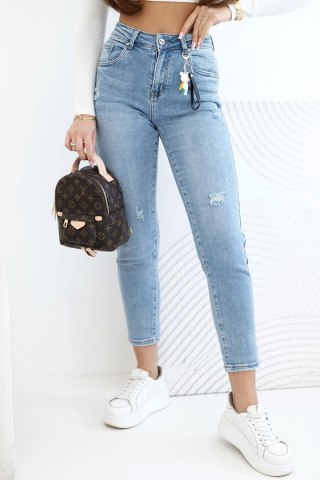 Spodnie damskie jeansowe mom fit z wysokim stanem i delikatnymi przetarciami