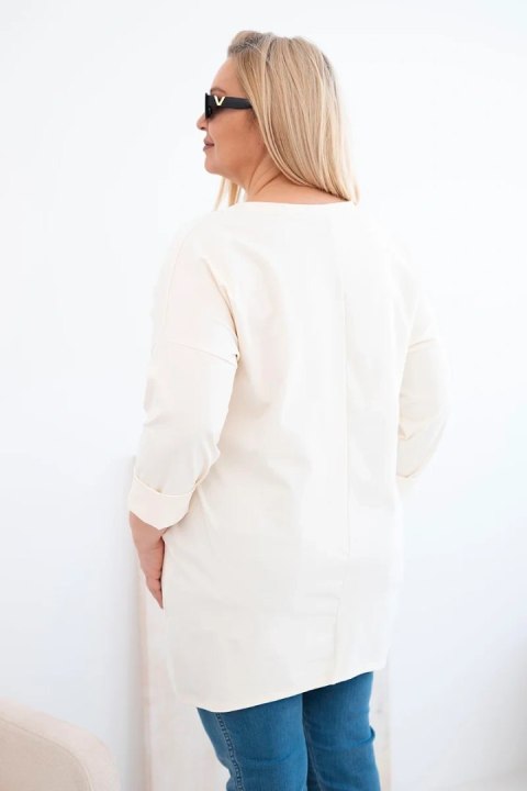 Bluzka damska Plus Size z dłuższym tyłem i długim rękawem jasno beżowa