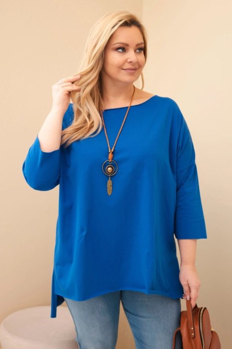 Bluzka damska bawełniana Plus Size asymetryczna z naszyjnikiem chabrowa