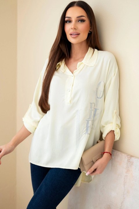 Bluzka damska wiskozowa z kołnierzykiem i nadrukiem z cyrkoniami żółta