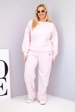 Komplet damski Plus Size bawełniany z luźną bluzą i spodniami z szeroką nogawką cukierkowy róż