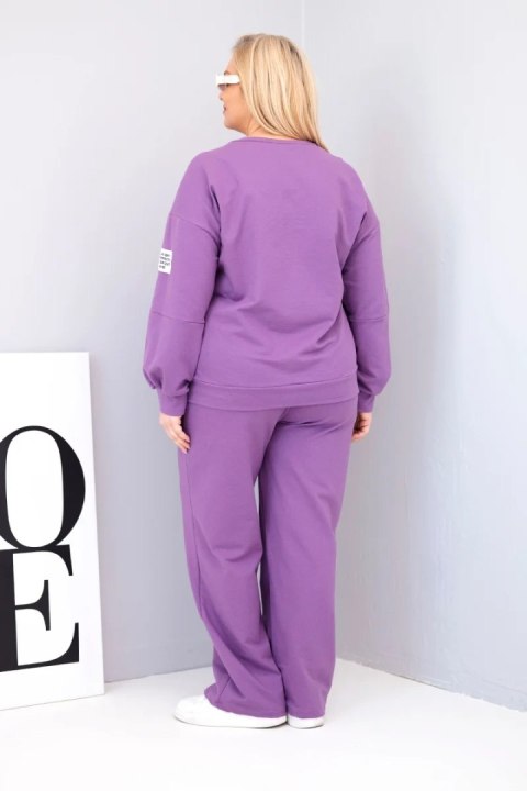 Komplet damski Plus Size bawełniany z luźną bluzą i spodniami z szeroką nogawką fioletowy