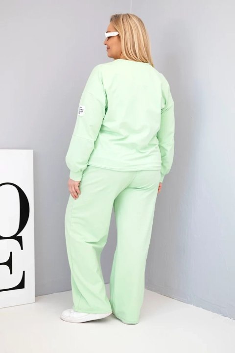 Komplet damski Plus Size bawełniany z luźną bluzą i spodniami z szeroką nogawką pistacjowy