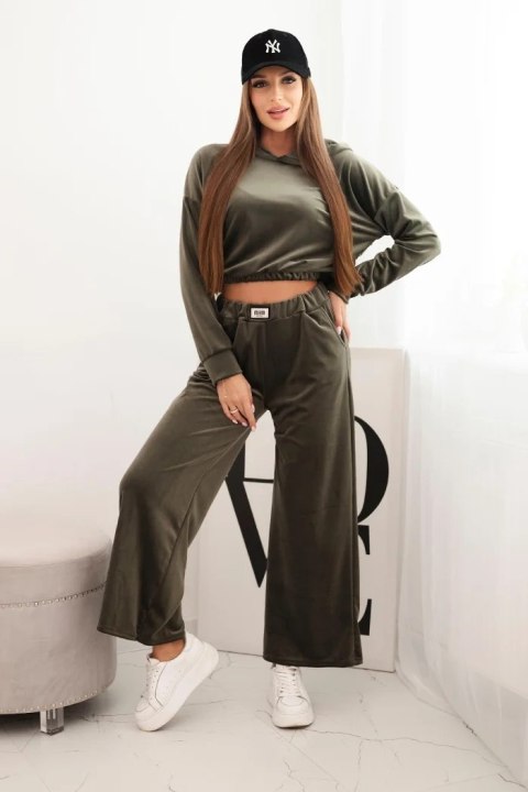 Komplet dresowy damska z weluru z szerokimi nogawkami i bluzą z kapturem khaki