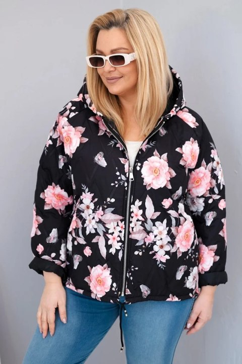 Kurtka damska wiosenna pikowana Plus Size z kapturem i kwiatowym wzorem czarna