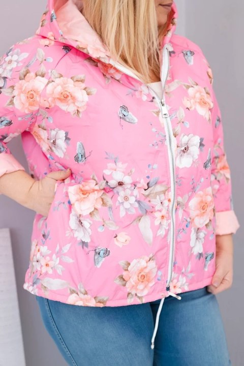Kurtka damska wiosenna pikowana Plus Size z kapturem i kwiatowym wzorem jasno różowa