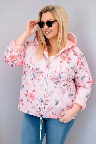 Kurtka damska wiosenna pikowana Plus Size z kapturem i kwiatowym wzorem pudrowy róż