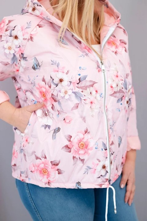 Kurtka damska wiosenna pikowana Plus Size z kapturem i kwiatowym wzorem pudrowy róż