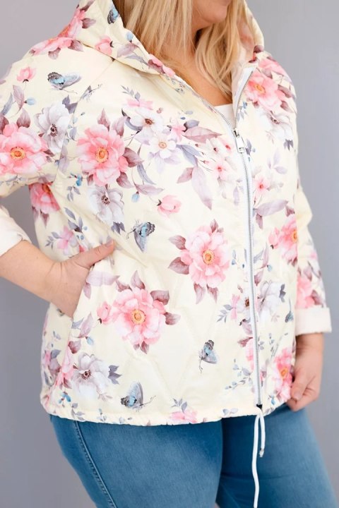 Kurtka damska wiosenna pikowana Plus Size z kapturem i kwiatowym wzorem żółta