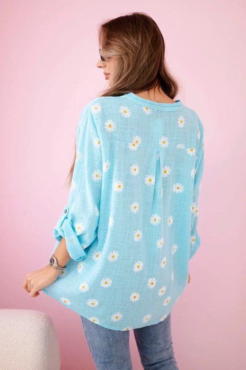 Lniana damska bluzka w kwiaty z długim rękawem i guzikami miętowa