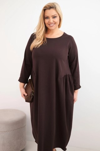 Sukienka damska Plus Size bawełniana z długim rękawem i marszczeniem w talii brązowa