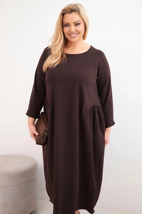 Sukienka damska Plus Size bawełniana z długim rękawem i marszczeniem w talii brązowa