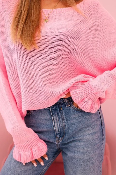 Sweter damska z moheru z marszczonymi rękawami i wycięciem na plecach jasny różowy