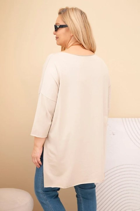 Bluzka damska bawełniana Plus Size asymetryczna z naszyjnikiem beżowa