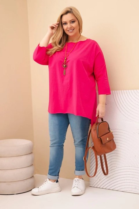 Bluzka damska bawełniana Plus Size asymetryczna z naszyjnikiem fuksja