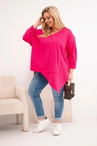 Bluzka damska bawełniana Plus Size z asymetrycznym dołem i dekoltem V fuksja