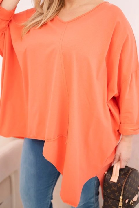 Bluzka damska bawełniana Plus Size z asymetrycznym dołem i dekoltem V morelowa