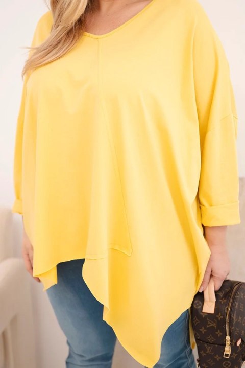 Bluzka damska bawełniana Plus Size z asymetrycznym dołem i dekoltem V żółta