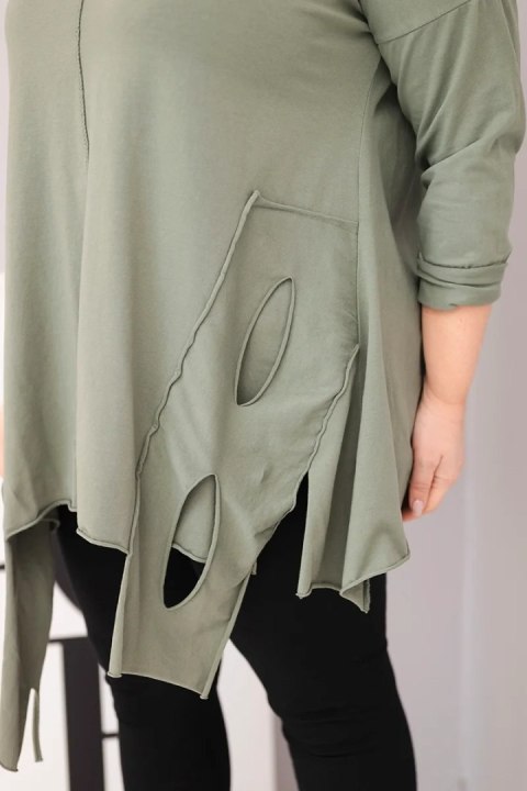 Bluzka damska bawełniana Plus Size z asymetrycznym dołem i wycięciami khaki
