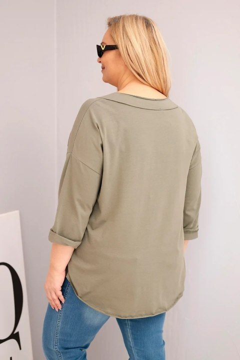 Bluzka damska bawełniana Plus Size z głębokim dekoltem V i asymetrycznym dołem khaki