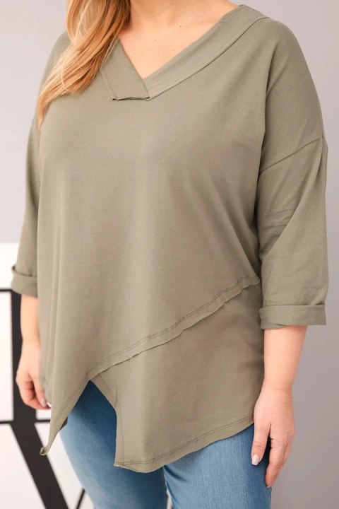 Bluzka damska bawełniana Plus Size z głębokim dekoltem V i asymetrycznym dołem khaki
