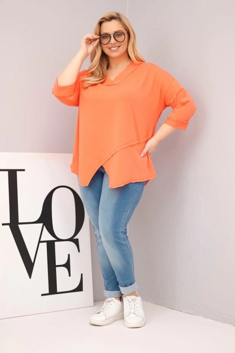 Bluzka damska bawełniana Plus Size z głębokim dekoltem V i asymetrycznym dołem morelowa