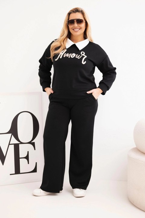 Komplet damski masełko Plus Size z szerokimi nogawkami i kołnierzykiem czarny