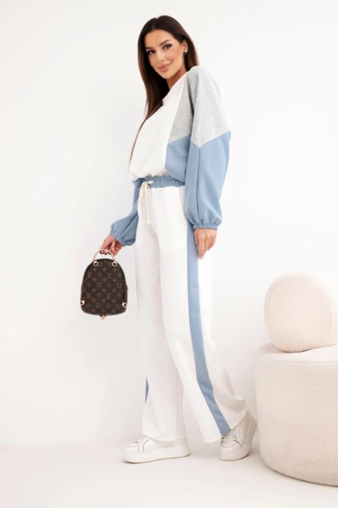 Komplet damski masełko z luźną bluzą i spodniami z szeroką nogawką jeansowy