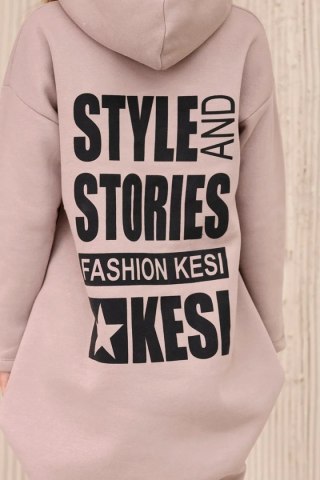 Bluza ocieplana z długim tyłem i kapturem ciemny beżowy