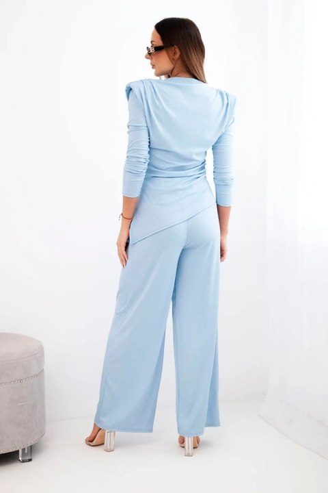 Komplet damski bawełniany z bluzką i spodniami z szeroką nogawką niebieski