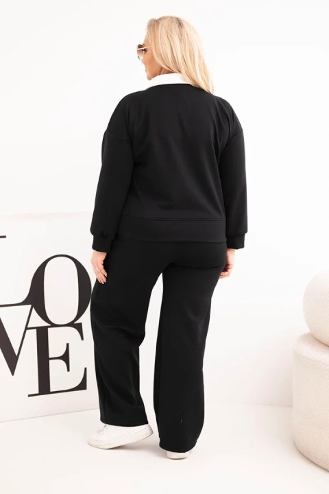 Komplet damski masełko Plus Size z szerokimi nogawkami i kołnierzykiem czarny